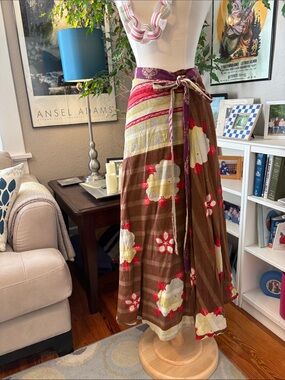 Boho Wrap Maxi Skirt in Brown Purple Red Reversible One Size Cotton Rahab's Rope